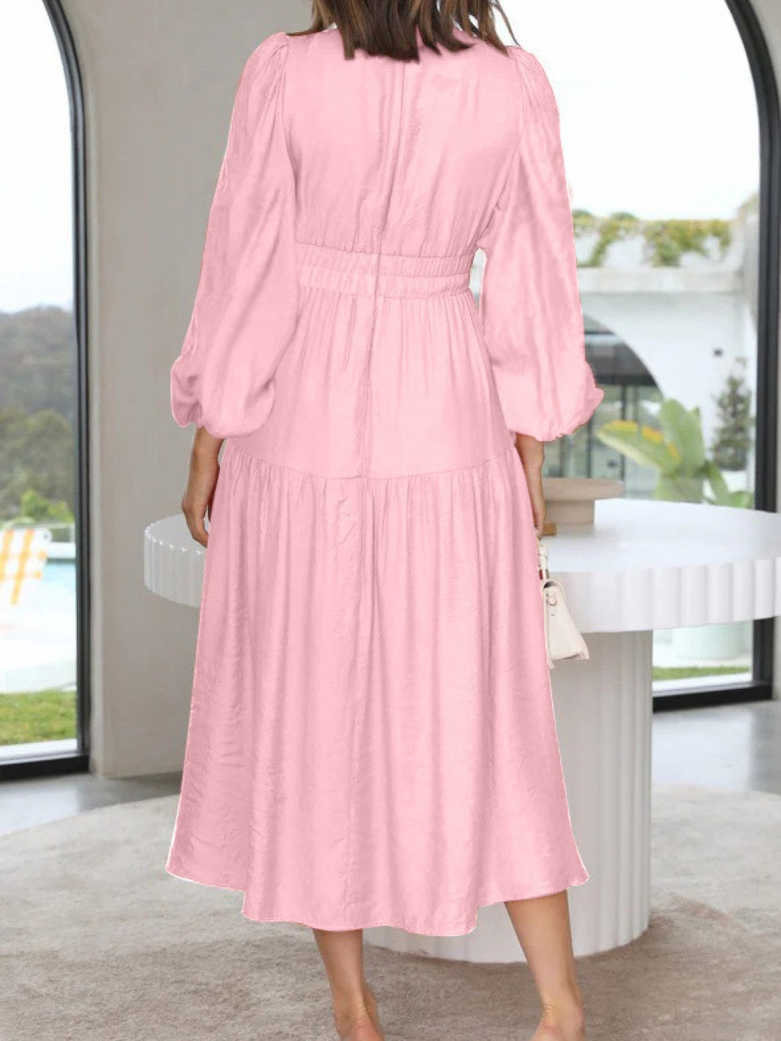 Deep V-Neck Balloon Sleeve Plain Maxi Dress - felvior