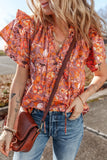 Floral Ruffled Layered Short Sleeve Tie Neck Blouse - felvior