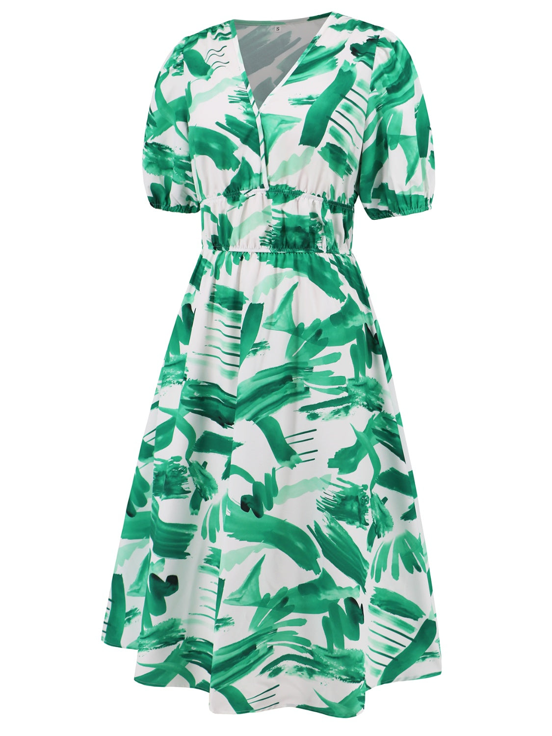 Ruched Printed Surplice Short Sleeve Dress - felvior