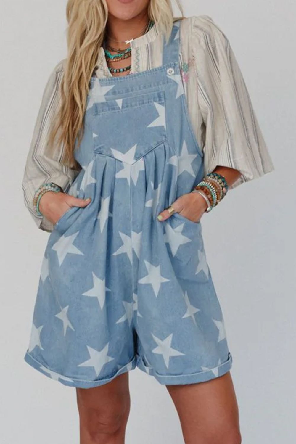 Star Print Square Neck Denim Overalls - felvior