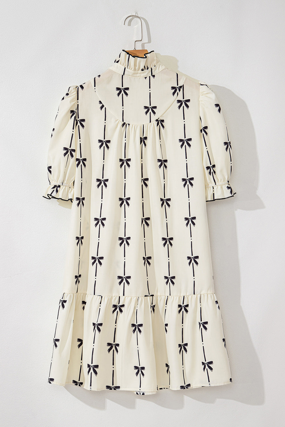 Frill Bow Print Notched Short Sleeve Mini Dress - felvior