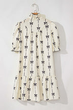 Frill Bow Print Notched Short Sleeve Mini Dress