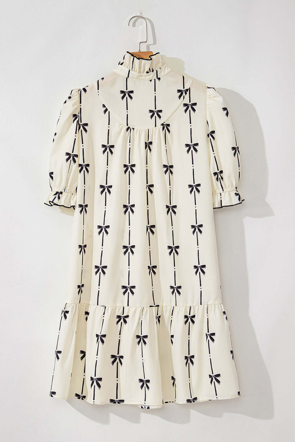 Frill Bow Print Notched Short Sleeve Mini Dress