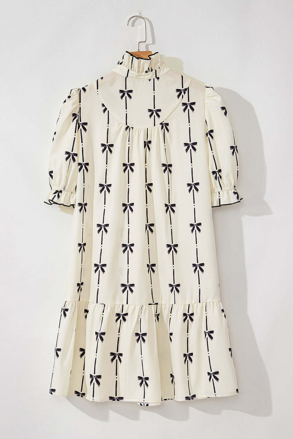 Frill Bow Print Notched Short Sleeve Mini Dress