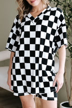 Checkerboard V Neck Loose Tee and Shorts Set