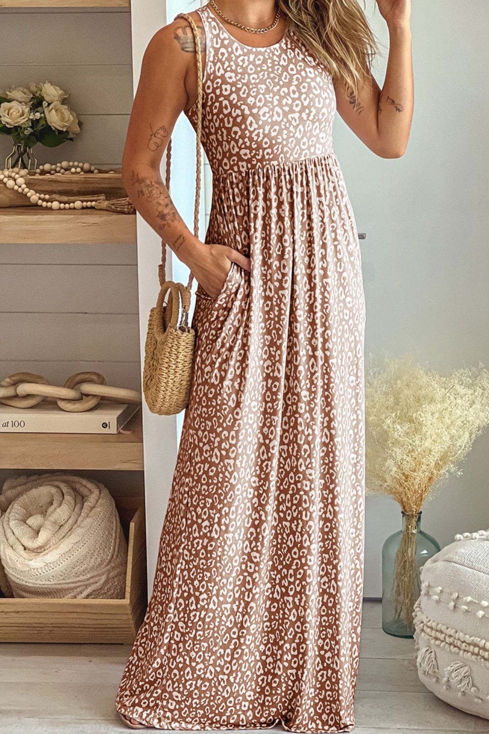 Leopard Round Neck Sleeveless Maxi Dress - felvior