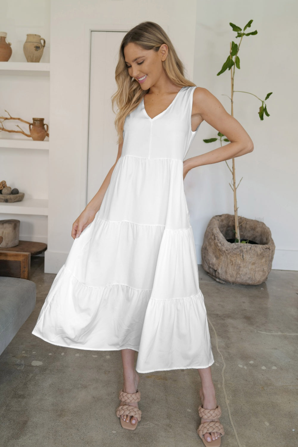 FAM-FAM Tiered V-Neck Sleeveless Dress - felvior