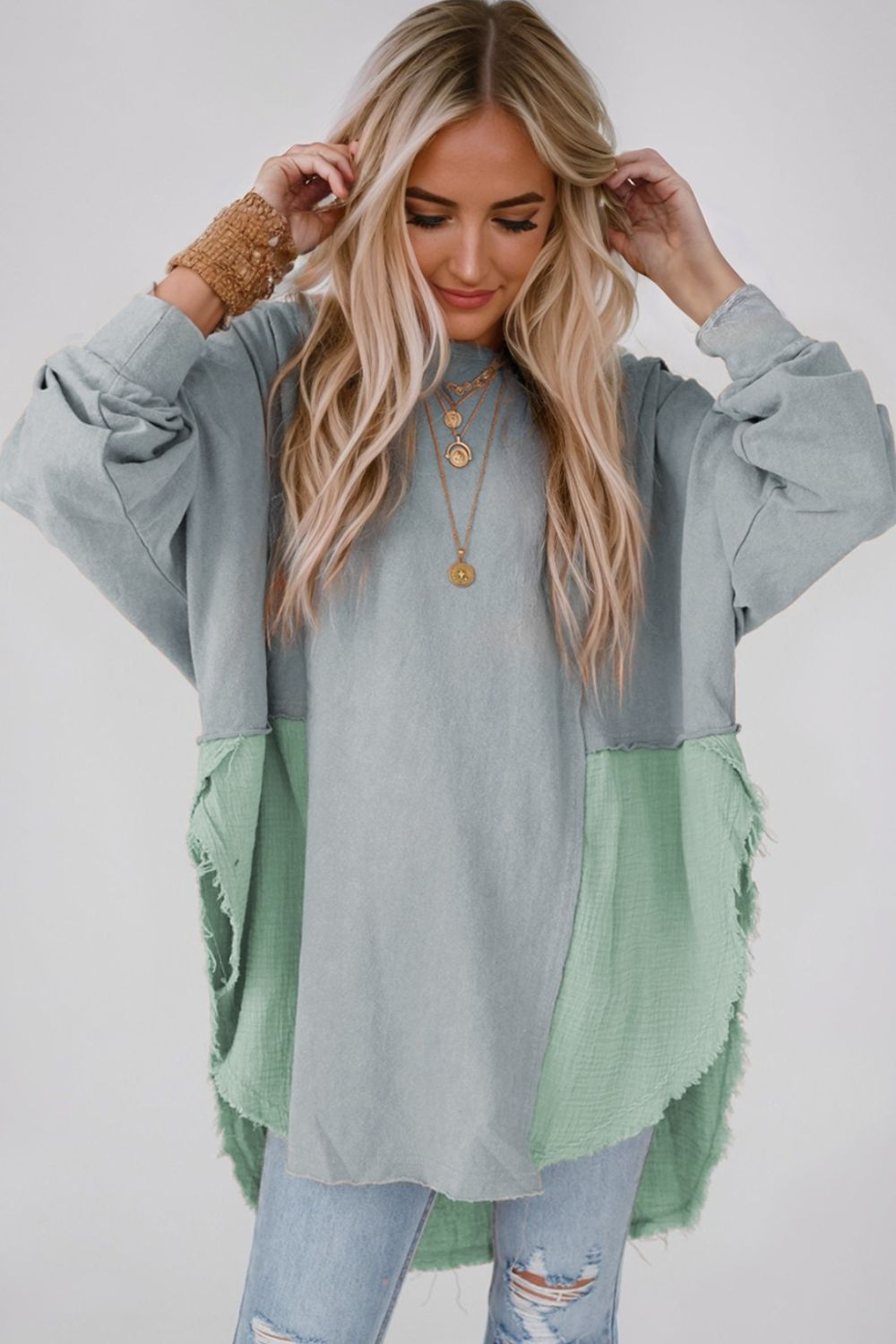 Contrast Texture Round Neck Long Sleeve Blouse - felvior