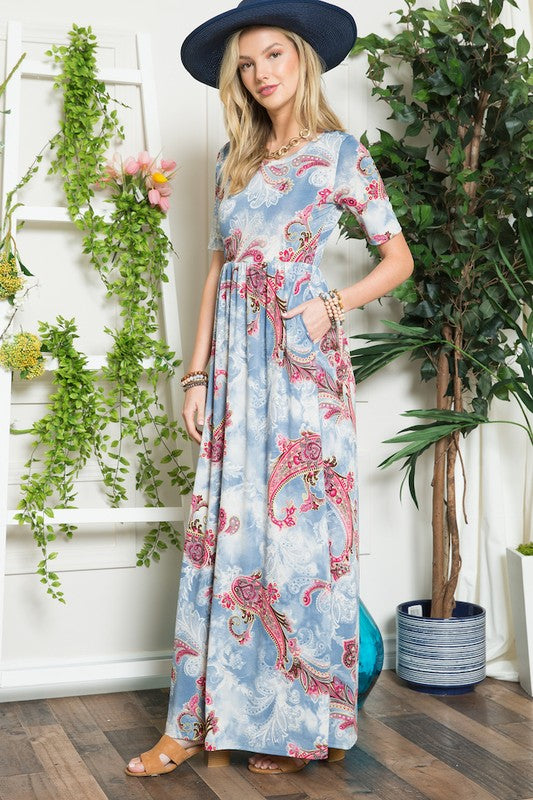 Celeste Full Size Paisley Print Short Sleeve Maxi Dress with Pockets Plus Size - felvior
