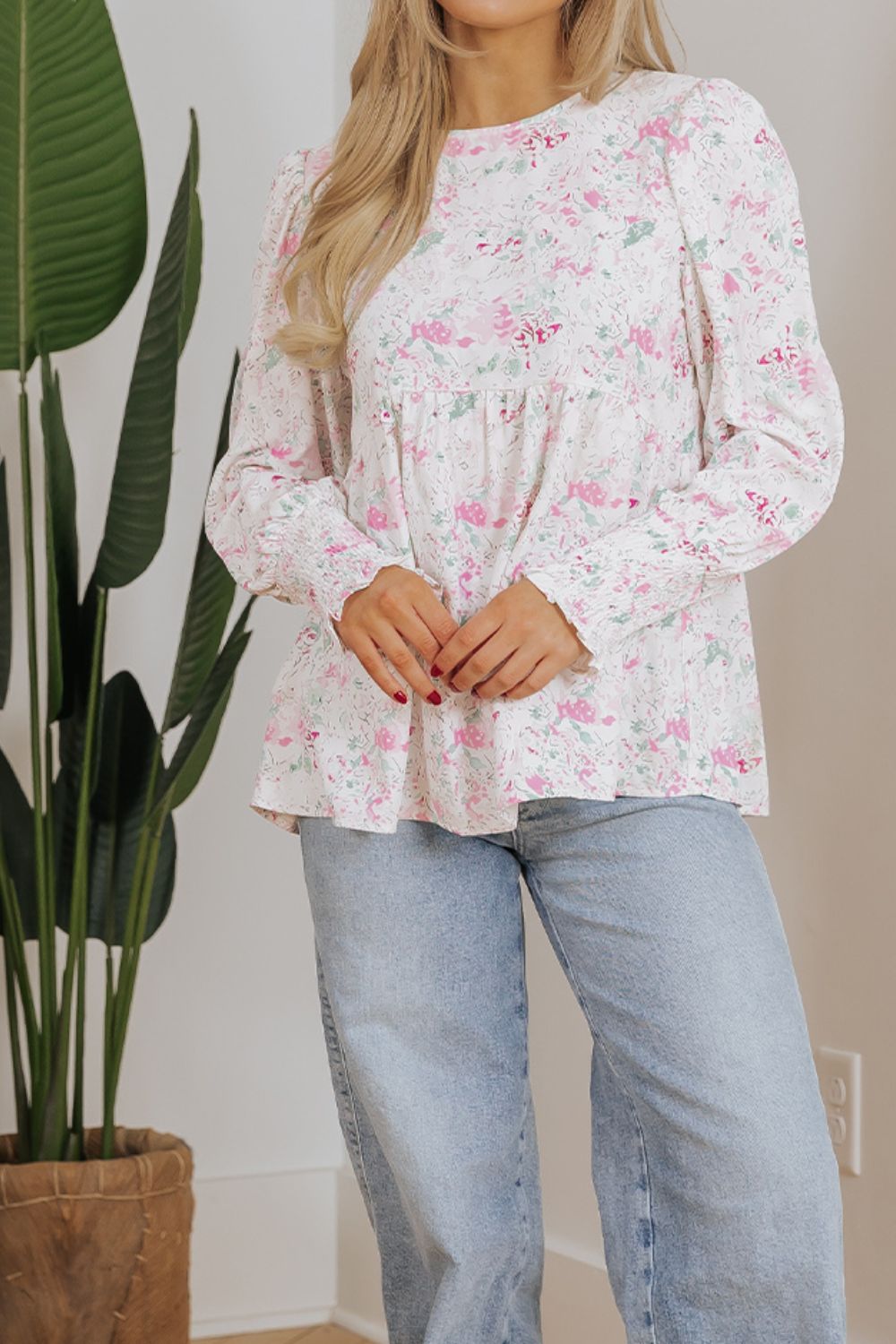 Printed Round Neck Long Sleeve Blouse - felvior