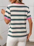 Contrast Striped Round Neck Short Sleeve T-Shirt