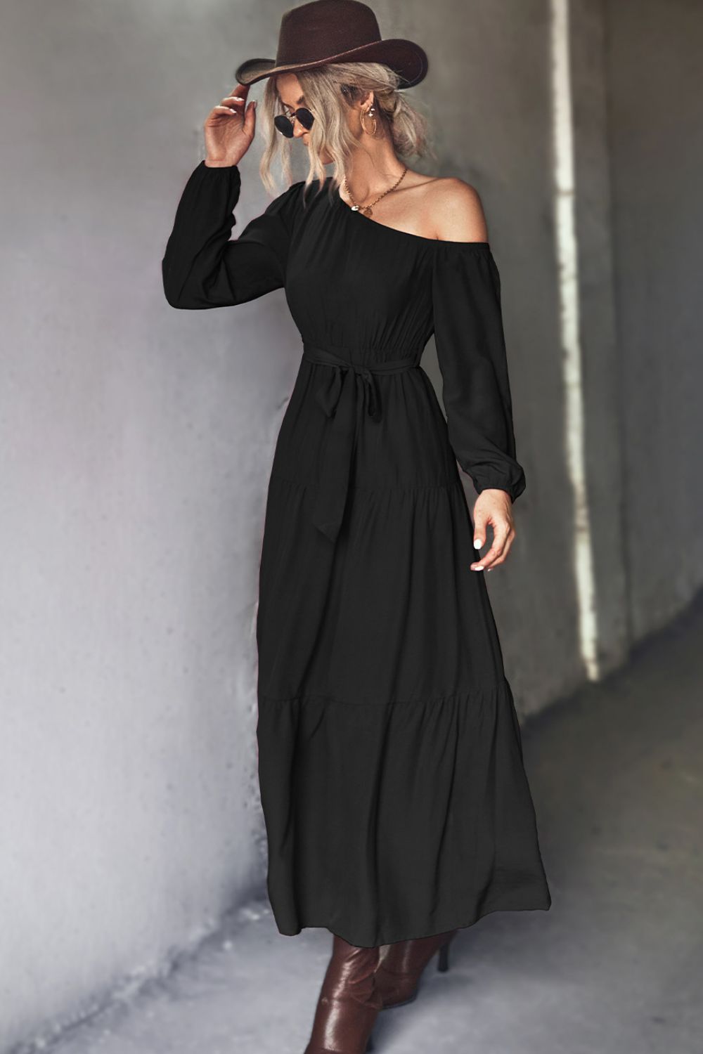 Belted One-Shoulder Tiered Maxi Dress - felvior