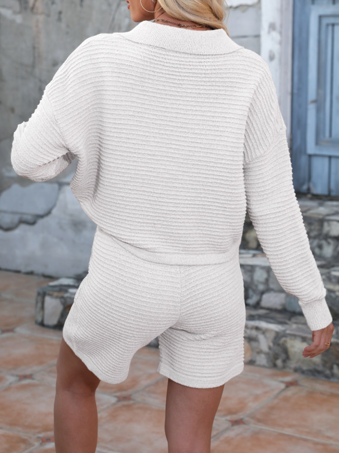Johnny Collar Long Sleeve Top and Shorts Sweater Set - felvior