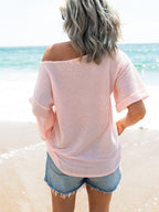 Waffle Knit Boat Neck Half Sleeve T-Shirt