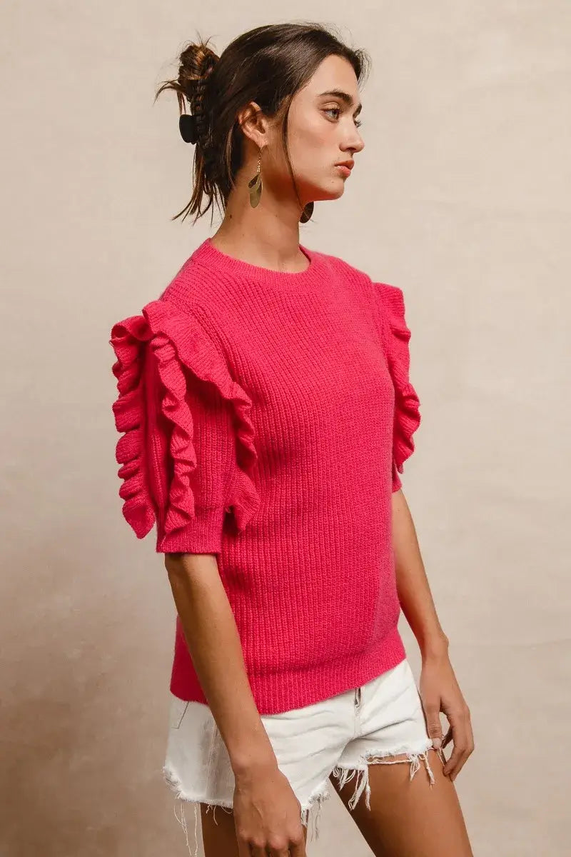 BiBi Ruffle Sleeve Ribbed Sweater