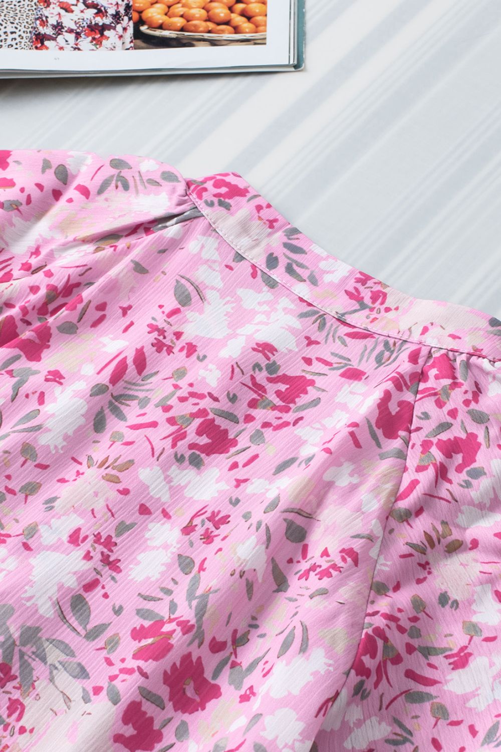 Floral Half Button Round Neck Short Sleeve Blouse - felvior