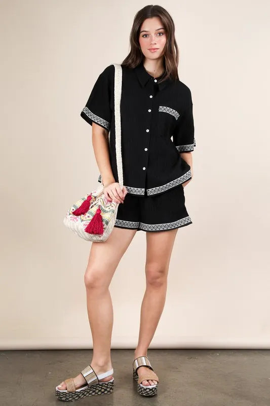 VERY J Crinkled Woven Shirt Top & Shorts Set