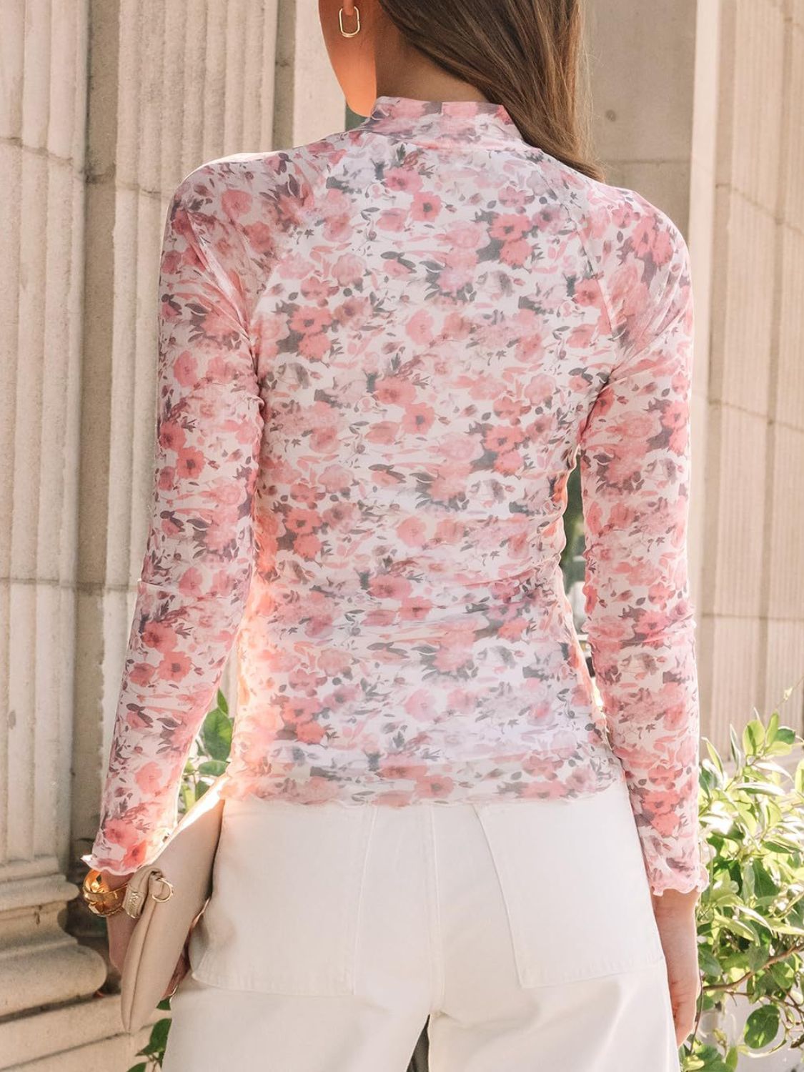 Floral Mock Neck Long Sleeve T-Shirt