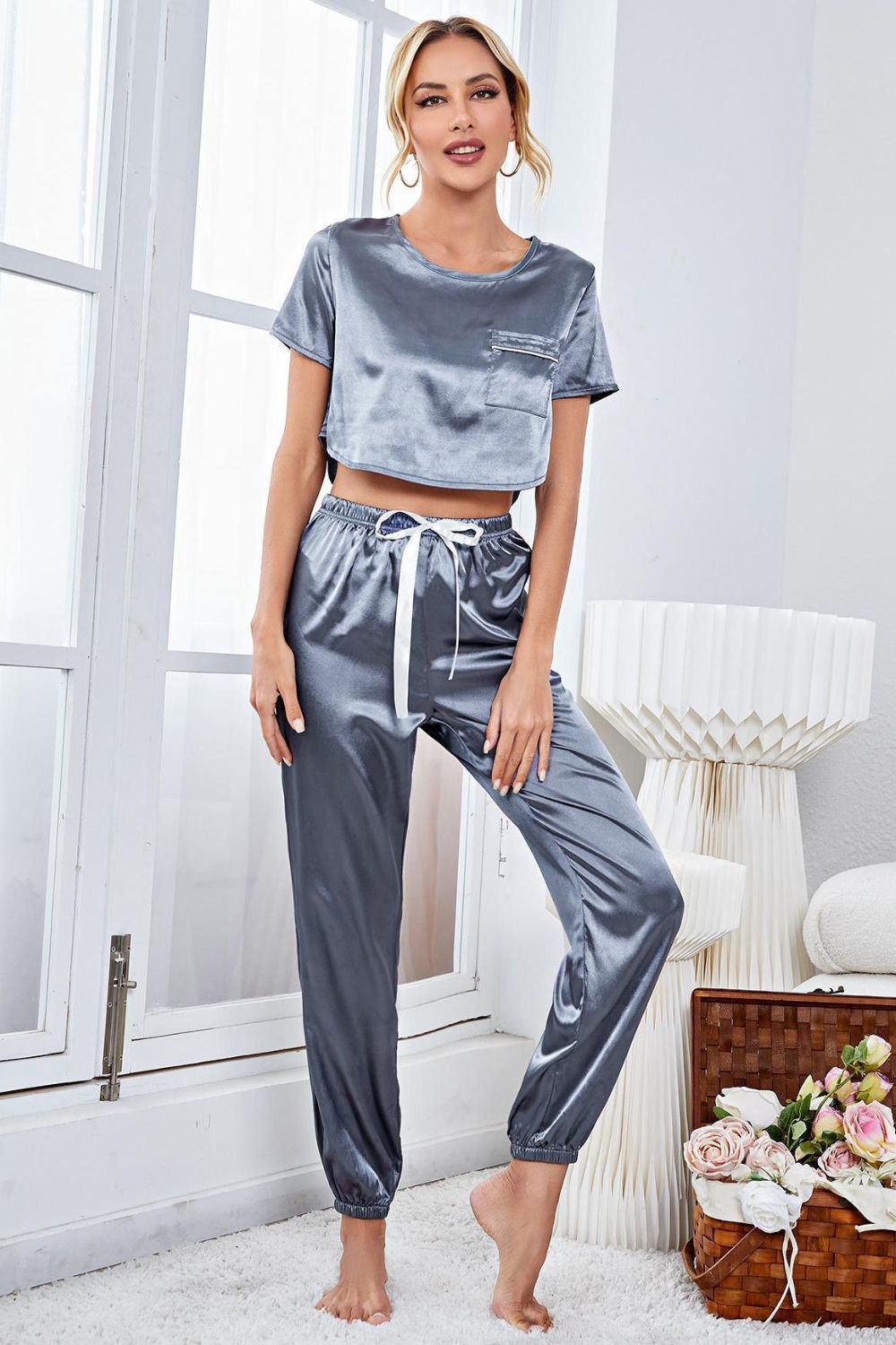 Satin Short Sleeve Crop Top and Joggers Lounge Set Main image