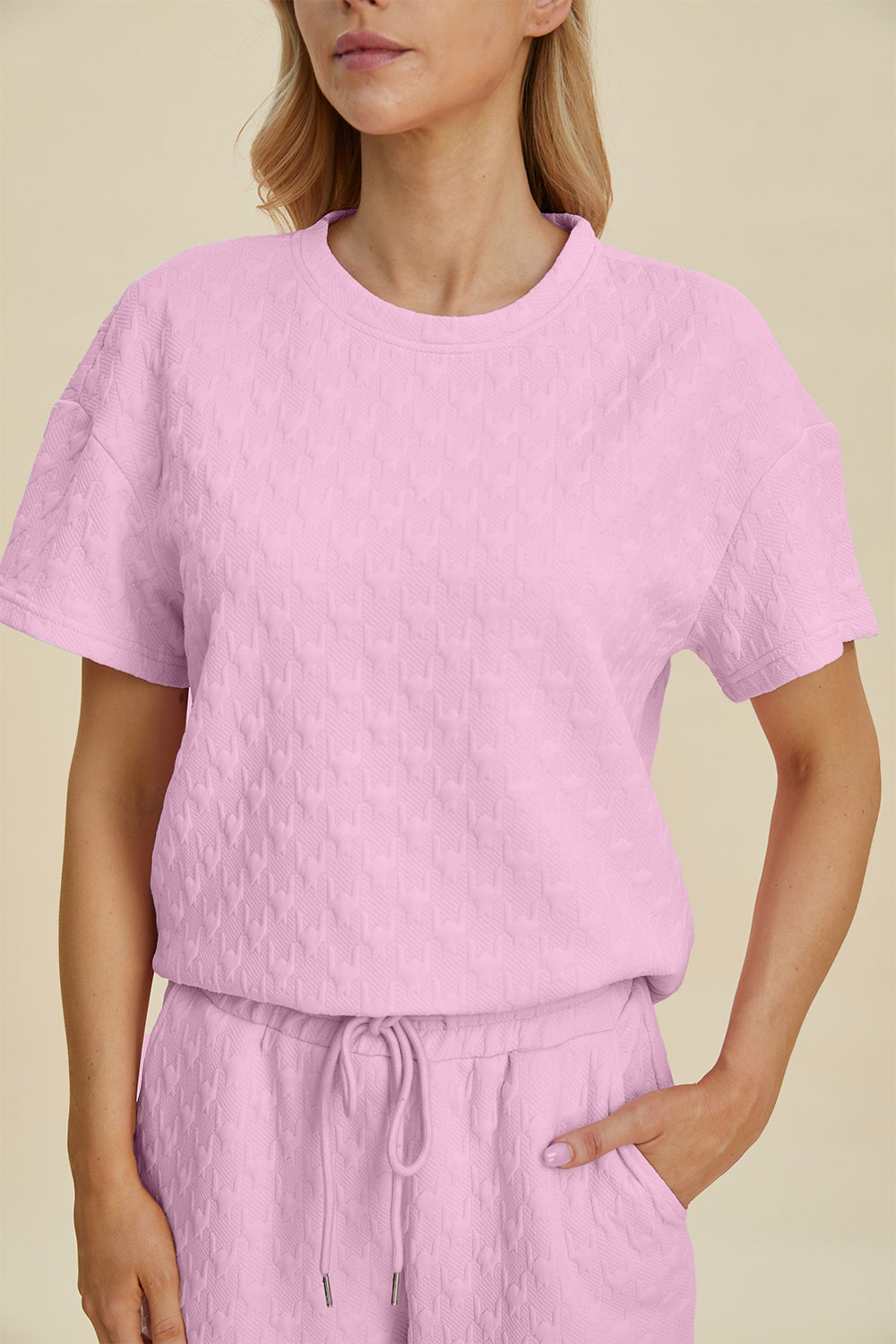 Double Take Full Size Texture Round Neck Short Sleeve Top and Pants Set