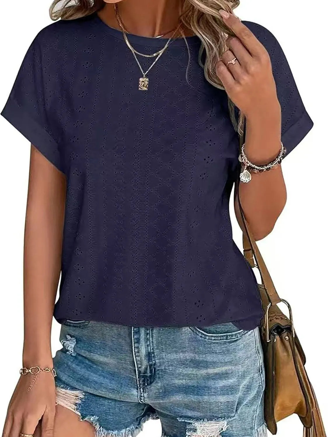Eyelet Round Neck Short Sleeve Top