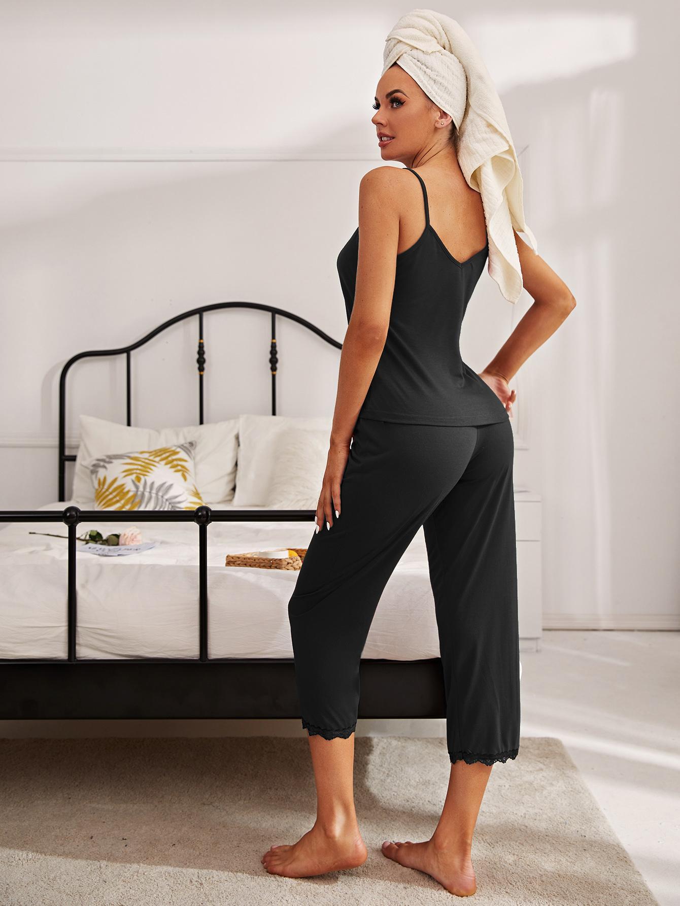 V-Neck Lace Trim Slit Cami and Pants Pajama Set - felvior