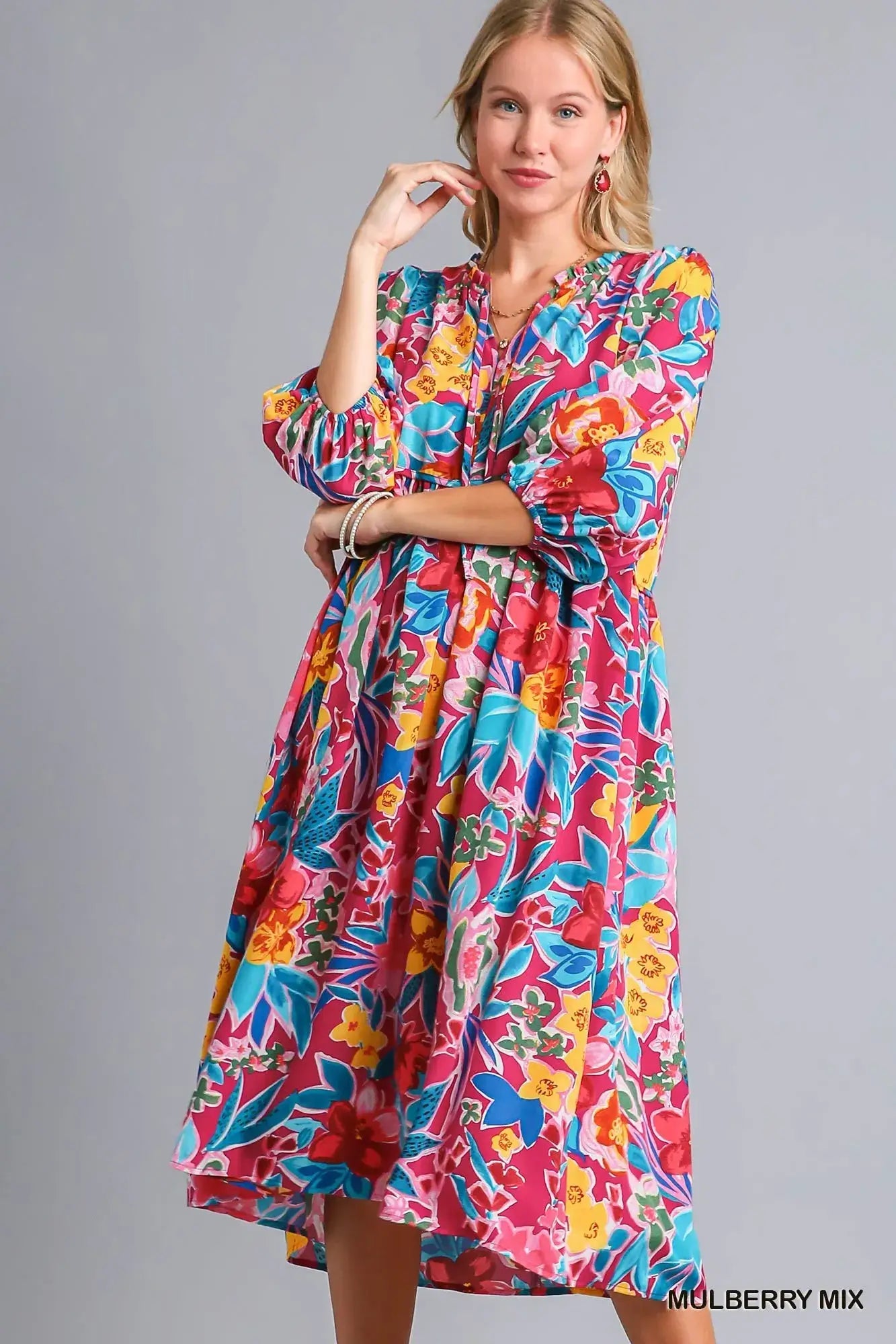 Umgee Full Size Floral Print Tie Neck Midi Dress with Pockets Plus Size Hauptbild